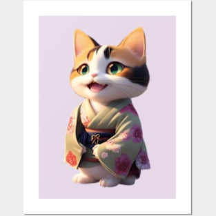 Japanese calico cat in kimono Posters and Art